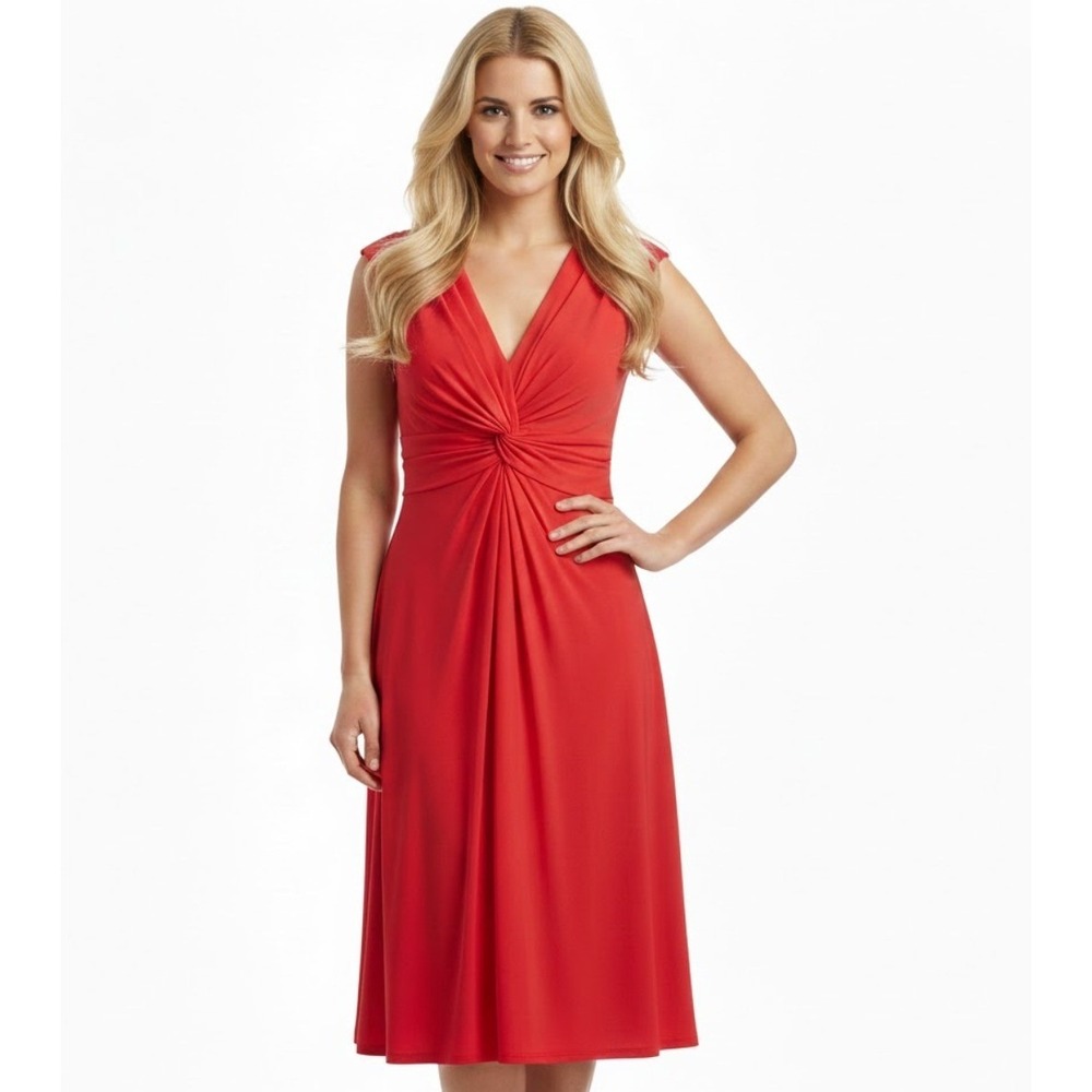 NEW Chaps Women Dress L Red Ruched V Neck Knee Length Sheath Sexy Date Office